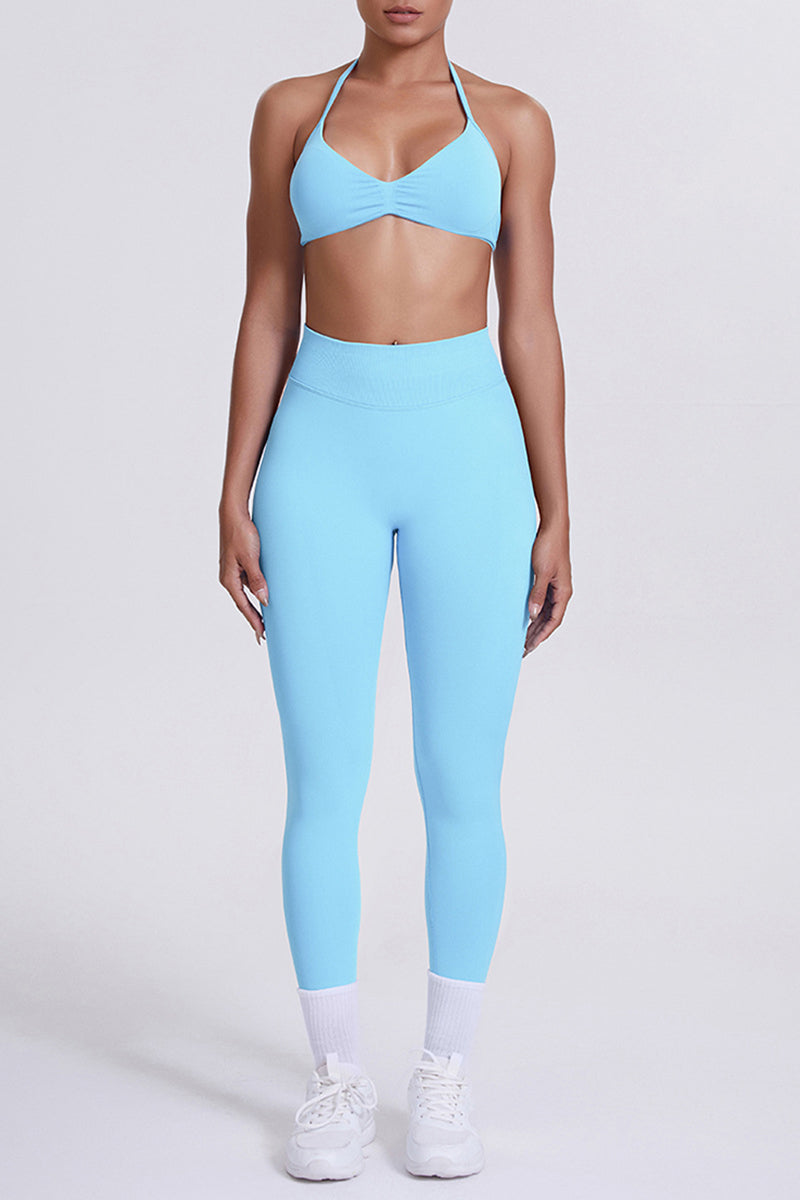 Women Seamless Yoga Set: High-Waisted Sculpting Leggings + Halter Neck Sports Bra