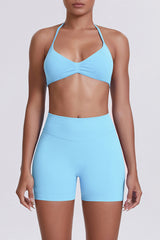 Women Halter Neck Yoga Set: High-Waisted Sculpting Shorts + Backless Sports Bra