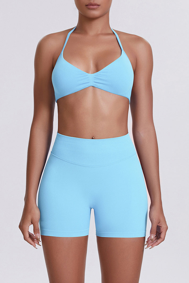 Women Halter Neck Yoga Set: High-Waisted Sculpting Shorts + Backless Sports Bra