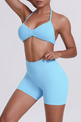 Women Halter Neck Yoga Set: High-Waisted Sculpting Shorts + Backless Sports Bra