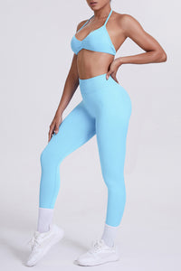 Women Seamless Yoga Set: High-Waisted Sculpting Leggings + Halter Neck Sports Bra