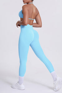 Women Seamless Yoga Set: High-Waisted Sculpting Leggings + Halter Neck Sports Bra
