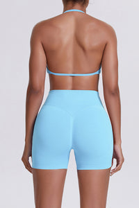 Women Halter Neck Yoga Set: High-Waisted Sculpting Shorts + Backless Sports Bra