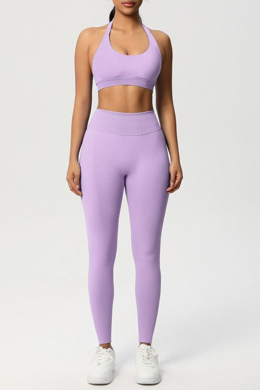 Women Seamless Knit Yoga Set: Halter Back Sports Bra + Sculpting Leggings