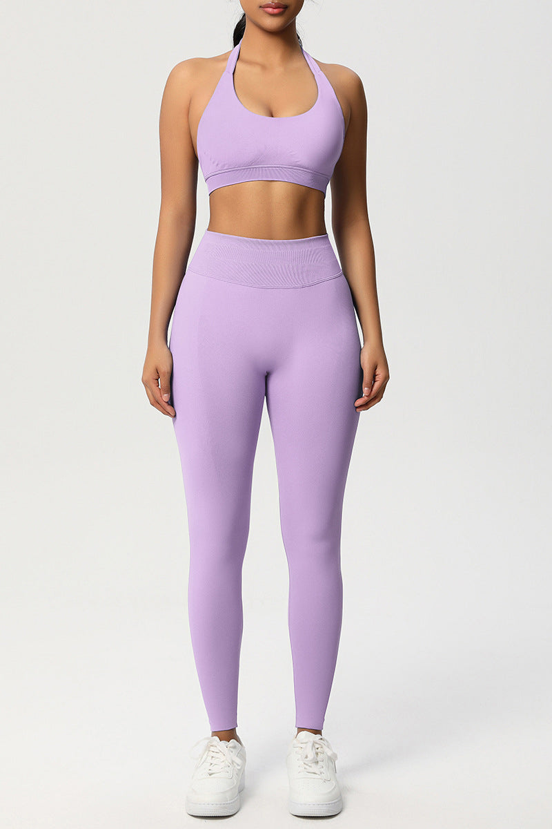 Women Seamless Knit Yoga Set: Halter Back Sports Bra + Sculpting Leggings