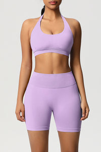 Women Halter Neck Yoga Set: High-Waisted Sculpting Shorts + Backless Sports Bra