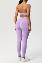 Women Seamless Knit Yoga Set: Halter Back Sports Bra + Sculpting Leggings