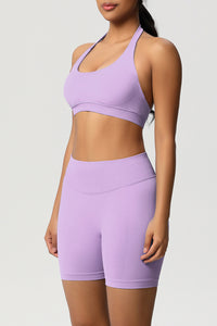 Women Halter Neck Yoga Set: High-Waisted Sculpting Shorts + Backless Sports Bra