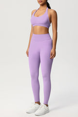 Women Seamless Knit Yoga Set: Halter Back Sports Bra + Sculpting Leggings