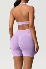 Women Halter Neck Yoga Set: High-Waisted Sculpting Shorts + Backless Sports Bra