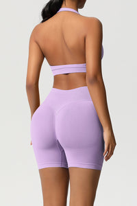 Women Halter Neck Yoga Set: High-Waisted Sculpting Shorts + Backless Sports Bra