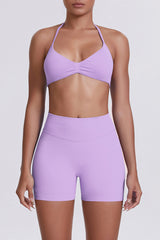 Women Halter Neck Yoga Set: High-Waisted Sculpting Shorts + Backless Sports Bra