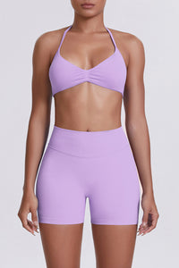 Women Halter Neck Yoga Set: High-Waisted Sculpting Shorts + Backless Sports Bra