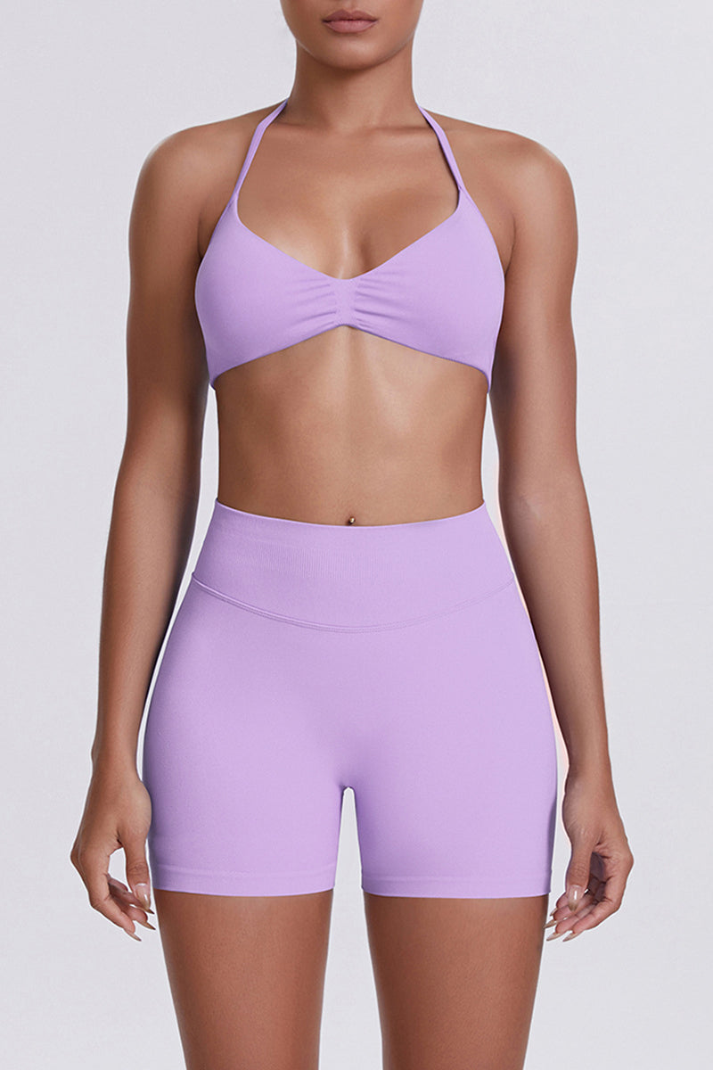 Women Halter Neck Yoga Set: High-Waisted Sculpting Shorts + Backless Sports Bra