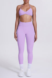 Women Seamless Yoga Set: High-Waisted Sculpting Leggings + Halter Neck Sports Bra