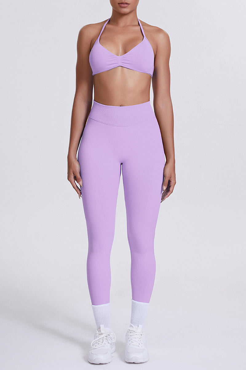 Women Seamless Yoga Set: High-Waisted Sculpting Leggings + Halter Neck Sports Bra