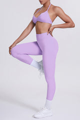 Women Seamless Yoga Set: High-Waisted Sculpting Leggings + Halter Neck Sports Bra