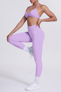 Women Seamless Yoga Set: High-Waisted Sculpting Leggings + Halter Neck Sports Bra