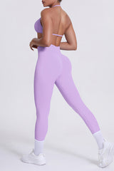 Women Seamless Yoga Set: High-Waisted Sculpting Leggings + Halter Neck Sports Bra