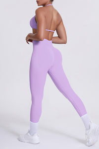 Women Seamless Yoga Set: High-Waisted Sculpting Leggings + Halter Neck Sports Bra