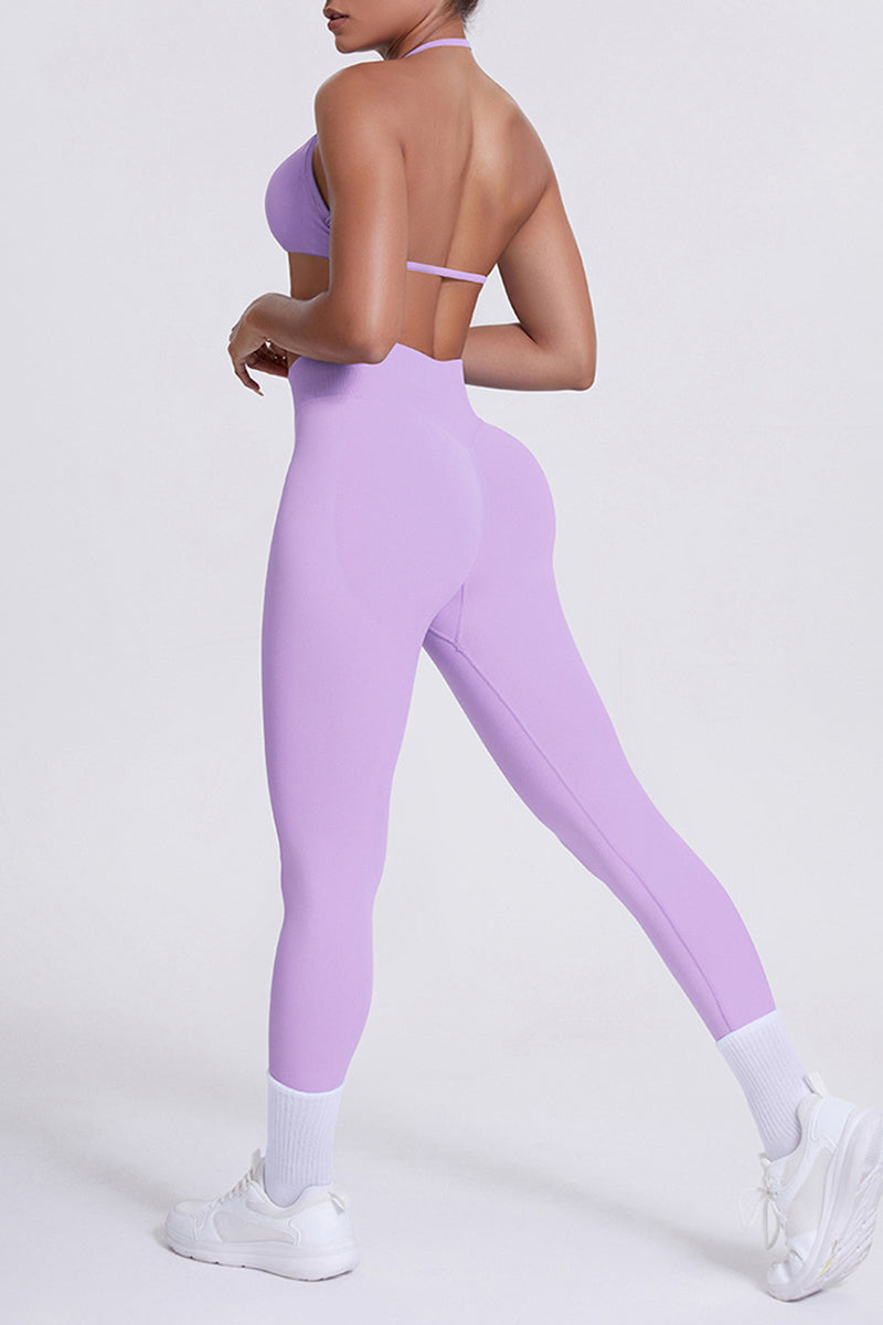 Women Seamless Yoga Set: High-Waisted Sculpting Leggings + Halter Neck Sports Bra