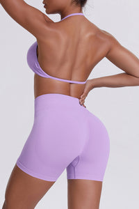 Women Halter Neck Yoga Set: High-Waisted Sculpting Shorts + Backless Sports Bra