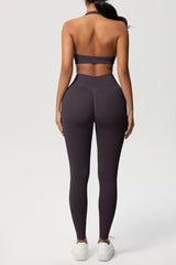 Women Seamless Knit Yoga Set: Halter Back Sports Bra + Sculpting Leggings