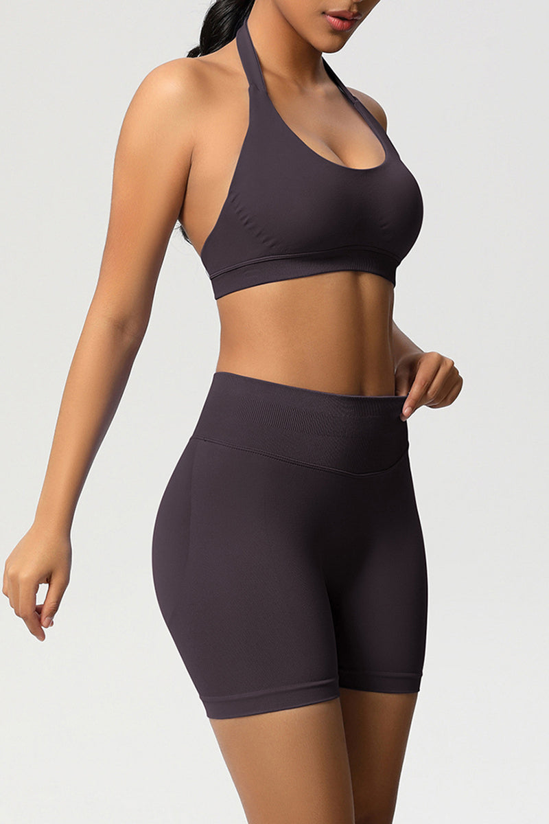Women Halter Neck Yoga Set: High-Waisted Sculpting Shorts + Backless Sports Bra
