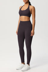 Women Seamless Knit Yoga Set: Halter Back Sports Bra + Sculpting Leggings