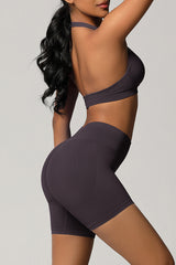 Women Halter Neck Yoga Set: High-Waisted Sculpting Shorts + Backless Sports Bra