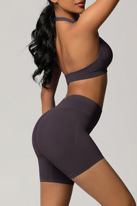 Women Halter Neck Yoga Set: High-Waisted Sculpting Shorts + Backless Sports Bra