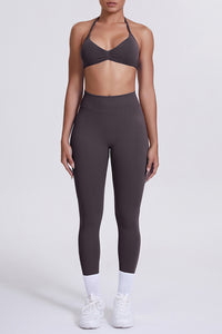 Women Seamless Yoga Set: High-Waisted Sculpting Leggings + Halter Neck Sports Bra