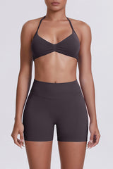 Women Halter Neck Yoga Set: High-Waisted Sculpting Shorts + Backless Sports Bra