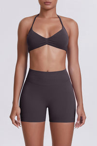 Women Halter Neck Yoga Set: High-Waisted Sculpting Shorts + Backless Sports Bra