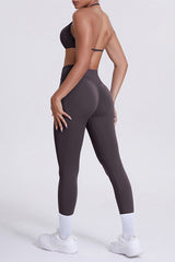 Women Seamless Yoga Set: High-Waisted Sculpting Leggings + Halter Neck Sports Bra