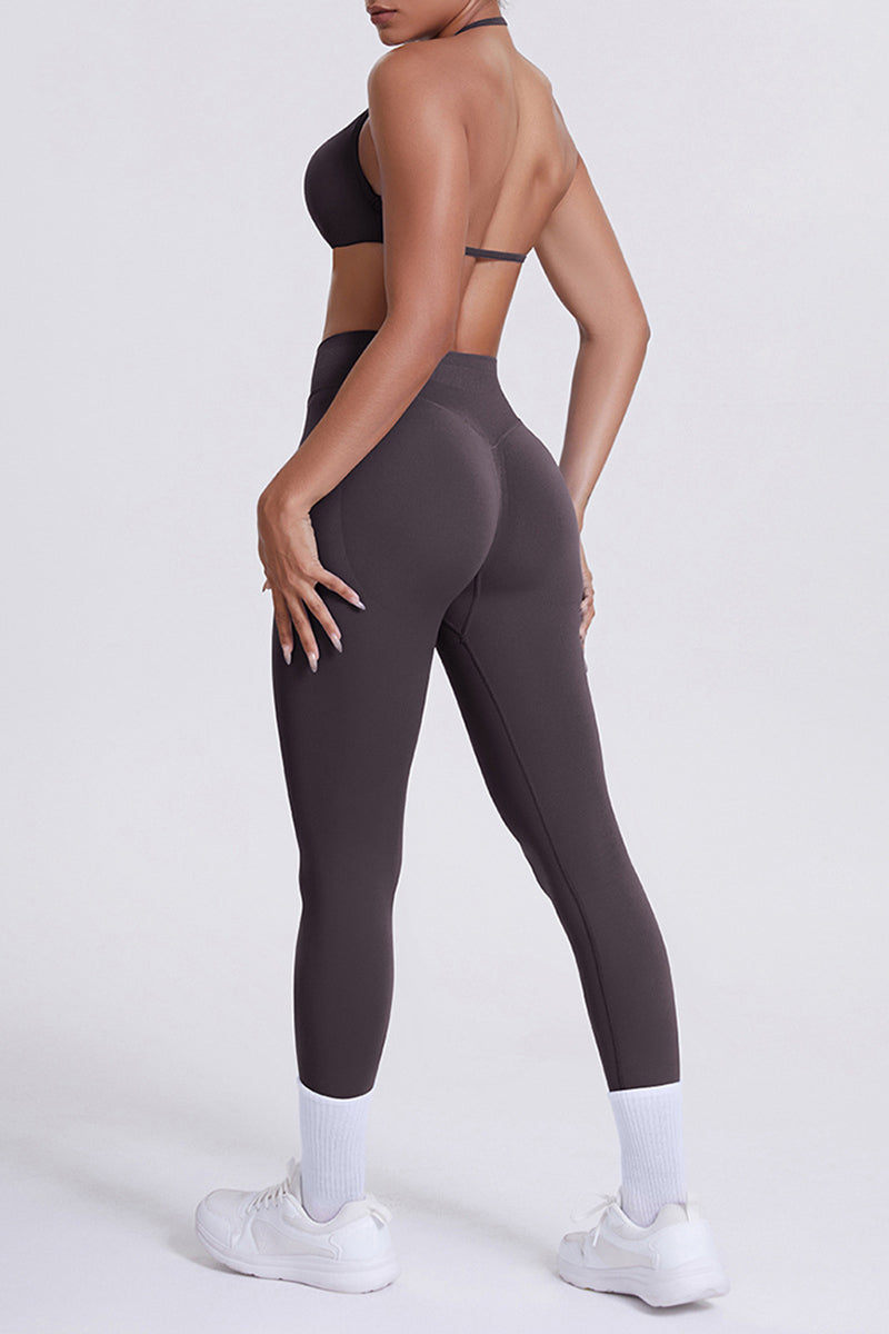 Women Seamless Yoga Set: High-Waisted Sculpting Leggings + Halter Neck Sports Bra