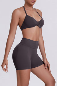 Women Halter Neck Yoga Set: High-Waisted Sculpting Shorts + Backless Sports Bra