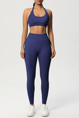 Women Seamless Knit Yoga Set: Halter Back Sports Bra + Sculpting Leggings