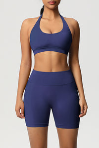 Women Halter Neck Yoga Set: High-Waisted Sculpting Shorts + Backless Sports Bra