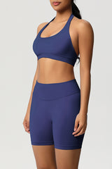 Women Halter Neck Yoga Set: High-Waisted Sculpting Shorts + Backless Sports Bra