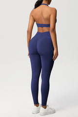 Women Seamless Knit Yoga Set: Halter Back Sports Bra + Sculpting Leggings