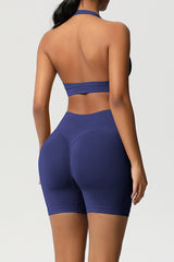 Women Halter Neck Yoga Set: High-Waisted Sculpting Shorts + Backless Sports Bra