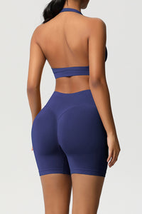 Women Halter Neck Yoga Set: High-Waisted Sculpting Shorts + Backless Sports Bra
