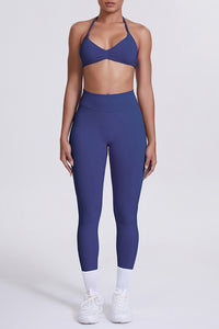 Women Seamless Yoga Set: High-Waisted Sculpting Leggings + Halter Neck Sports Bra