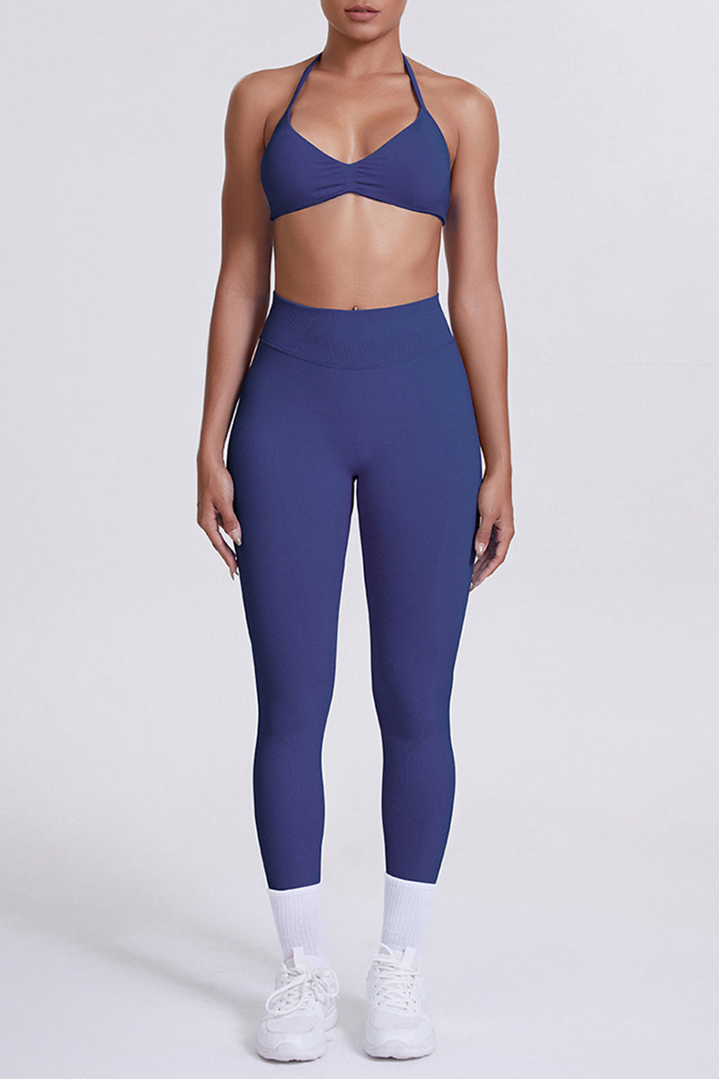 Women Seamless Yoga Set: High-Waisted Sculpting Leggings + Halter Neck Sports Bra