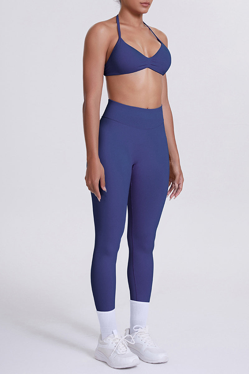 Women Seamless Knit Yoga Set: Halter Back Sports Bra + Sculpting Leggings