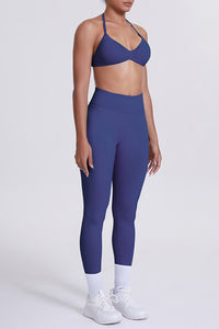 Women Seamless Yoga Set: High-Waisted Sculpting Leggings + Halter Neck Sports Bra