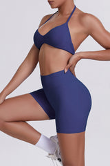 Women Halter Neck Yoga Set: High-Waisted Sculpting Shorts + Backless Sports Bra