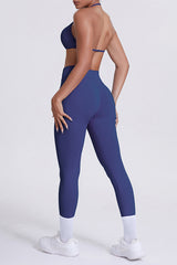 Women Seamless Yoga Set: High-Waisted Sculpting Leggings + Halter Neck Sports Bra