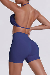 Women Halter Neck Yoga Set: High-Waisted Sculpting Shorts + Backless Sports Bra